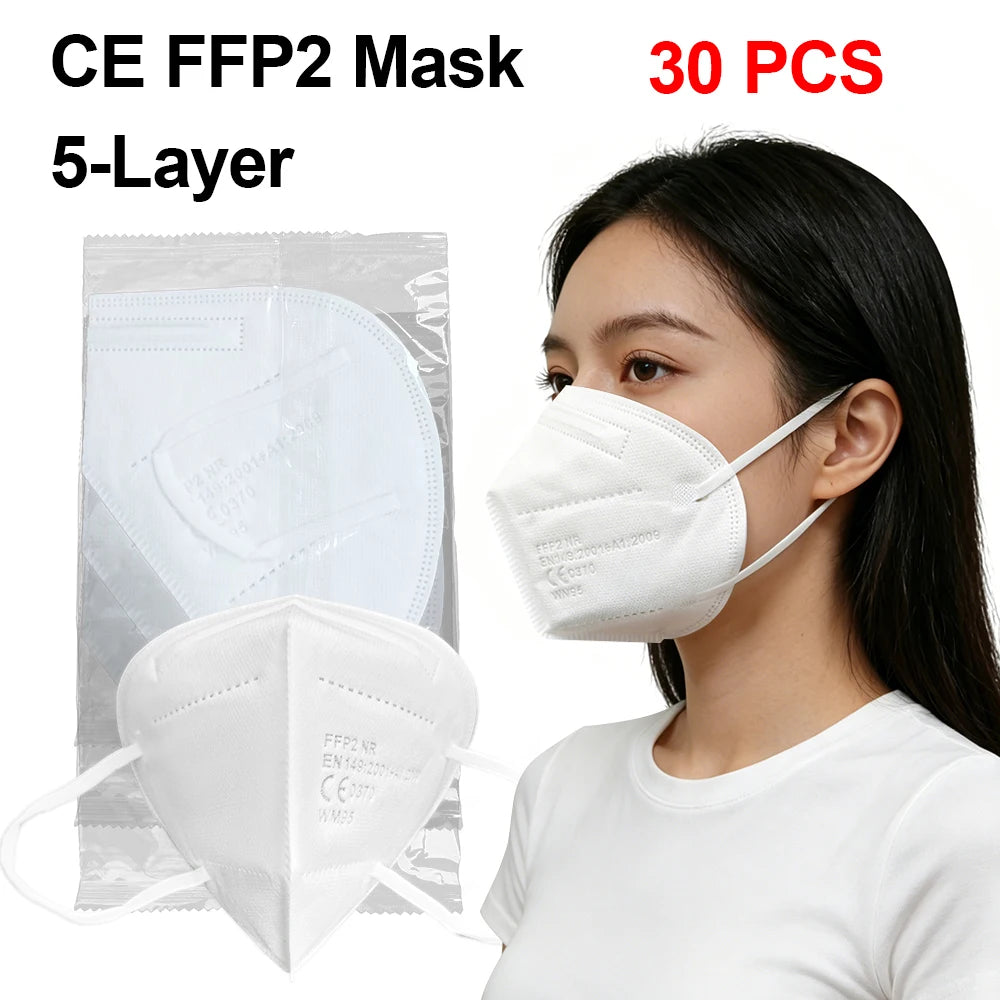 Masque FFP2 Homologué CE — 5 Couches, Anti-Poussière & Anti-Virus, Lot de 10, 30 ou 50